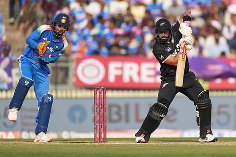 New Zealand's Daryl Mitchell bats during the first One Day International cricket match between India and New Zealand in Vadodara, India.