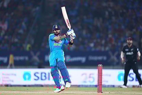 India's Virat Kohli plays a shot during the first One Day International cricket match between India and New Zealand in Vadodara, India.