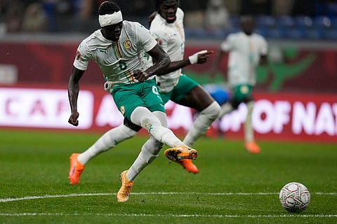 Senegal's Pathe Ciss makes an attempt to score during the Africa Cup of Nations quarterfinal soccer match between Senegal and Mali in Tangier, Morocco.
