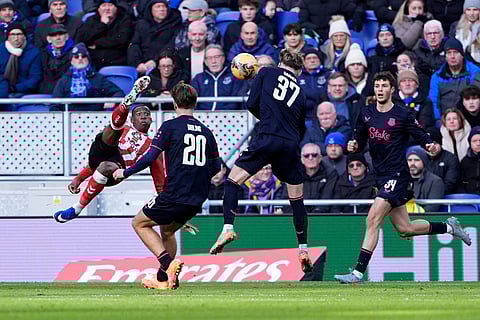 Sunderland's Nordi Mukiele with an overhead kick at goal during the Emirates FA Cup third round match between Everton and Sunderland in Liverpool, England.