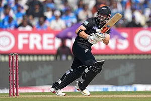 | Photo: AP/Ajit Solanki : New Zealand's Henry Nicholls plays a shot during the first One Day International cricket match between India and New Zealand in Vadodara, India.