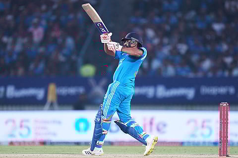 India's Rohit Sharma plays a shot during the first One Day International cricket match between India and New Zealand in Vadodara, India.
