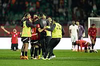 | Photo: AP/Mosa'ab Elshamy : Egypt players celebrate after the Africa Cup of Nations quarterfinal soccer match between Egypt and Ivory Coast, in Agadir, Morocco.