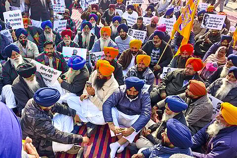 Shiromani Akali Dal members hold a protest against derogatory remarks made by AAP leader Atishi Marlena on Guru Tegh Bahadur, in Patiala.