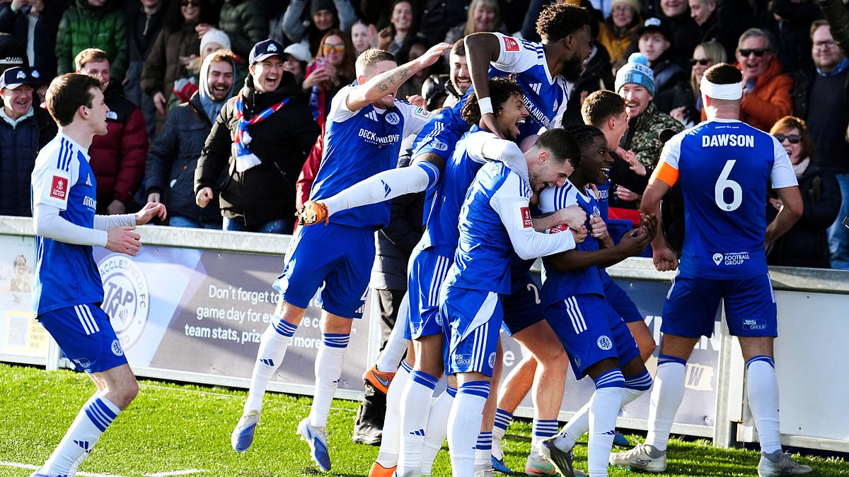 Macclesfield Town's Isaac Buckley-Ricketts celebrates scoring his side's second goal with teammates, during the FA Cup third round match aginst Crystal Palace, at the Leasing.com Stadium on Saturday, January 10, 2026. - | Photo: AP/Martin Rickett