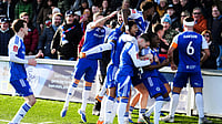 | Photo: AP/Martin Rickett : Macclesfield Town's Isaac Buckley-Ricketts celebrates scoring his side's second goal with teammates, during the FA Cup third round match aginst Crystal Palace, at the Leasing.com Stadium on Saturday, January 10, 2026.