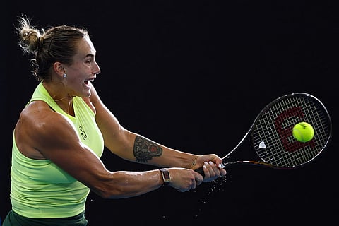Aryna Sabalenka of Belarus plays a shot during the women's final match against Marta Kostyuk of Ukraine at the Brisbane International tennis tournament in Brisbane, Australia.