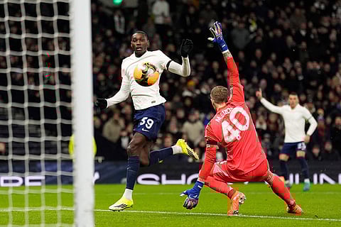 Tottenham Hotspur's Randal Kolo Muani scores before the goal is ruled out for offside during the FA Cup third round soccer match between Tottenham Hotspur and Aston Villa in London.