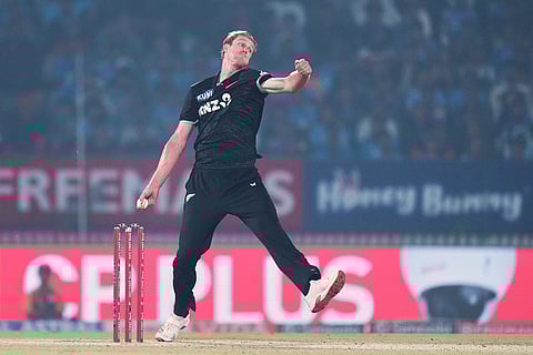 New Zealand's Kyle Jamieson bowls a delivery during the first One Day International cricket match between India and New Zealand in Vadodara, India.