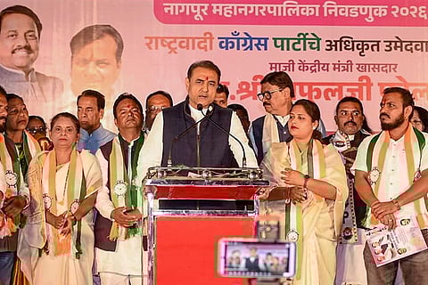 Senior NCP (Ajit Pawar faction) leader and Rajya Sabha MP Praful Patel addresses a public meeting in support of party candidates after the release of the Nationalist Congress Party manifesto ahead of the Maharashtra civic body elections, in Nagpur, Maharashtra.