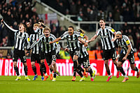 | Photo: Owen Humphreys/PA via AP : Newcastle United players celebrate winning the penalty shoot-out after the FA Cup third round soccer match between Newcastle United and Bournemouth in Newcastle, England.