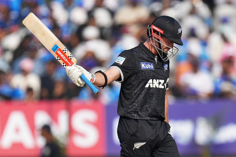 New Zealands Henry Nicholls celebrates his fifty runs