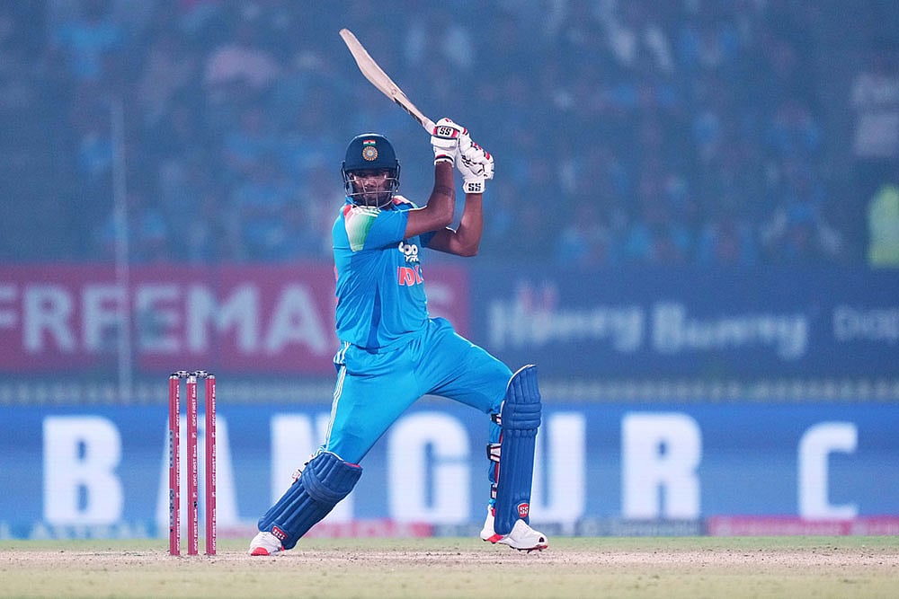 Indias Harshit Rana plays a shot 