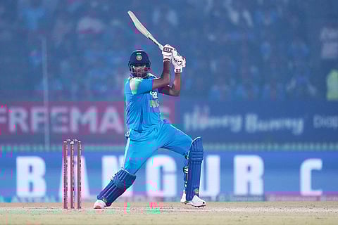 India's Harshit Rana plays a shot during the first One Day International cricket match between India and New Zealand in Vadodara, India.