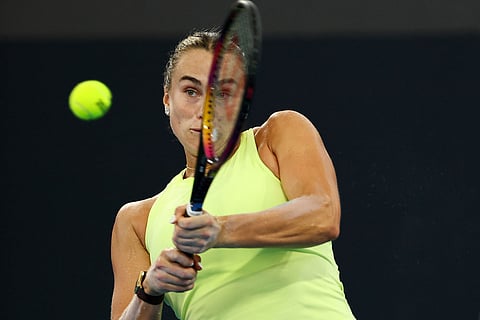 Aryna Sabalenka of Belarus plays a shot during the women's final match against Marta Kostyuk of Ukraine at the Brisbane International tennis tournament in Brisbane, Australia.