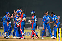 | Photo: PTI/Kunal Patil : Mumbai Indians' players being congratulated by Delhi Capitals' Shree Charani and Nandani Sharma after winning the Women's Premier League (WPL) T20 cricket match between Mumbai Indians and Delhi Capitals, at the DY Patil Stadium, in Navi Mumbai.