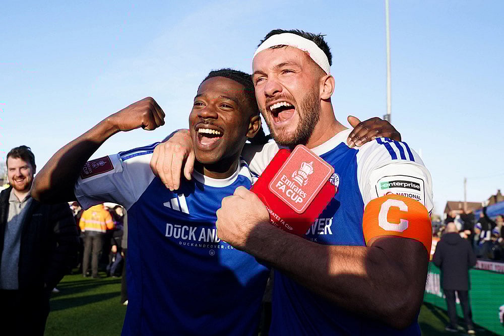 Macclesfield FC goalscorers Paul Dawson, right and Isaac Buckley-Ricketts celebrate following the FA Cup third round soccer match between Macclesfield Town and Crystal Palace, at the Leasing.com Stadium, Macclesfield, England. - | Photo: Martin Rickett/PA via AP