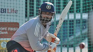 | Photo: AP/Anupam Nath : India captain Rishabh Pant bats during a practice session ahead of the second test match between India and South Africa in Guwahati.