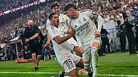 Barcelona Vs Real Madrid LIVE Score, Spanish Super Cup 2026 Final: Jeddah To Witness El Clasico As BAR, RMA Clash Photo: AP/Altaf Qadri : Real Madrid's Federico Valverde, right, is congratulated by Real Madrid's Jude Bellingham after scoring the opening goal during the Spanish Super Cup semifinal soccer match against Atletico Madrid at King Abdullah Sports City Stadium in Jeddah, Saudi Arabia.