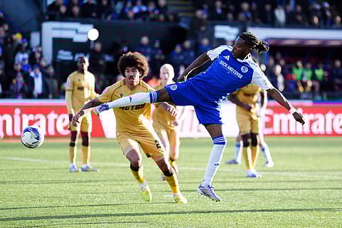 Macclesfield Town's Isaac Buckley-Ricketts scores his side's second goal during the FA Cup third round soccer match between Macclesfield Town and Crystal Palace, at the Leasing.com Stadium, Macclesfield, England.