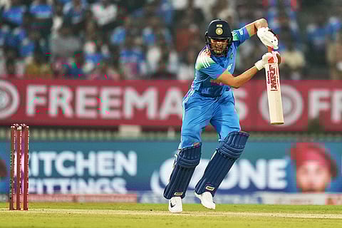 India's captain Shubman Gill plays a shot during the first One Day International cricket match between India and New Zealand in Vadodara, India.