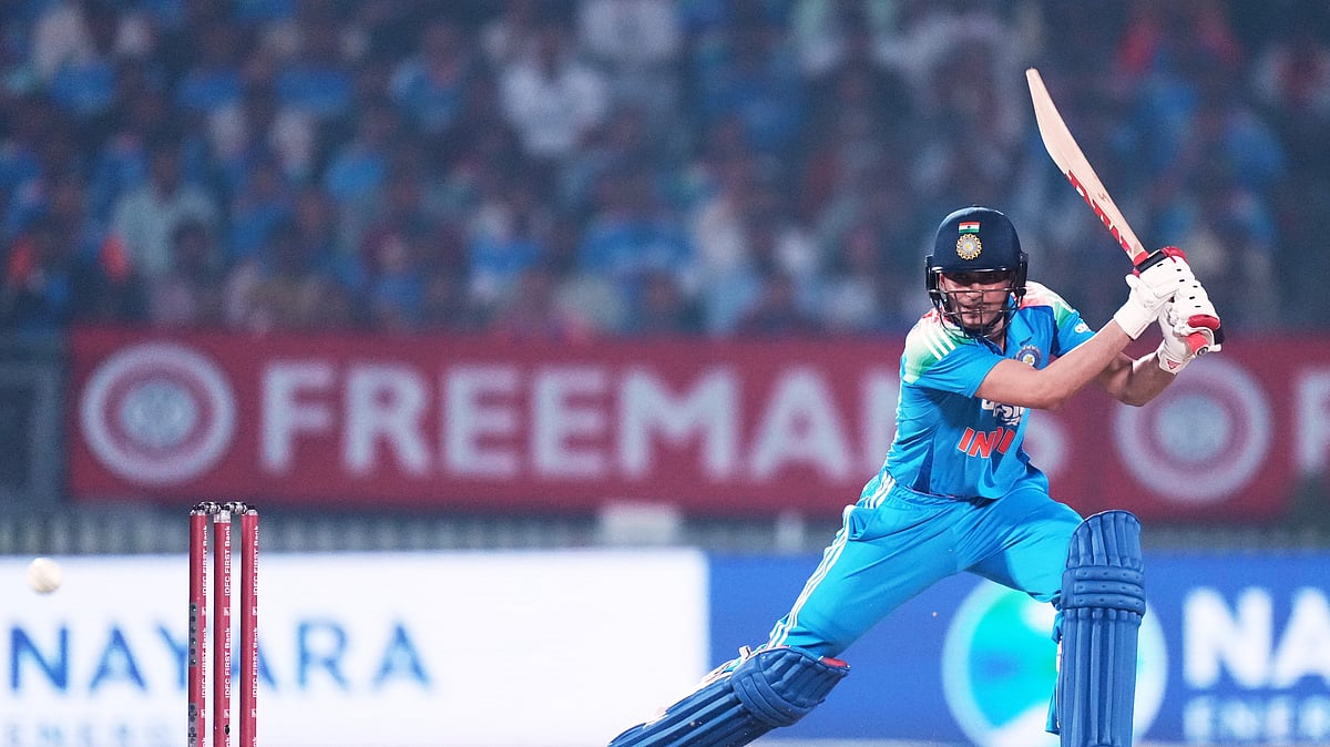 (AP Photo/Ajit Solanki) : India's captain Shubman Gill plays a shot during the first One Day International cricket match between India and New Zealand in Vadodara, India, Sunday, Jan. 11, 2026.