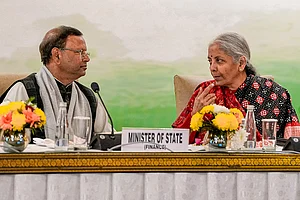Photo: PTI/Atul Yadav : Union Finance Minister Nirmala Sitharaman and MoS Finance Pankaj Chaudhary during the Pre-Budget meeting with State Finance Ministers of States and Union Territories, in New Delhi.