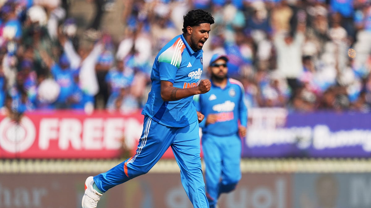India's Harshit Rana celebrates the wicket of New Zealand's Henry Nicholls during the first One Day International cricket match between India and New Zealand in Vadodara, India, Sunday, Jan. 11, 2026. - (AP Photo/Ajit Solanki)