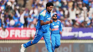 (AP Photo/Ajit Solanki) : India's Harshit Rana celebrates the wicket of New Zealand's Henry Nicholls during the first One Day International cricket match between India and New Zealand in Vadodara, India, Sunday, Jan. 11, 2026.