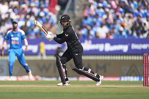 New Zealand's Devon Conway plays a shot during the first One Day International cricket match between India and New Zealand in Vadodara, India.