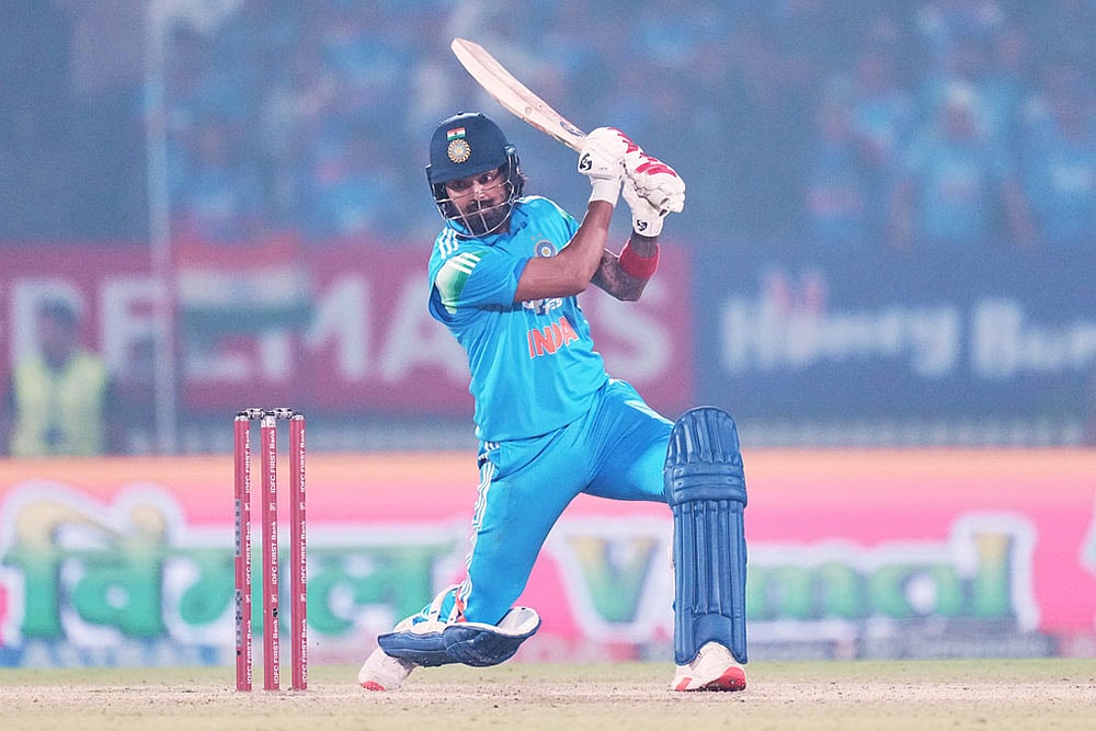 Indias KL Rahul plays a shot 