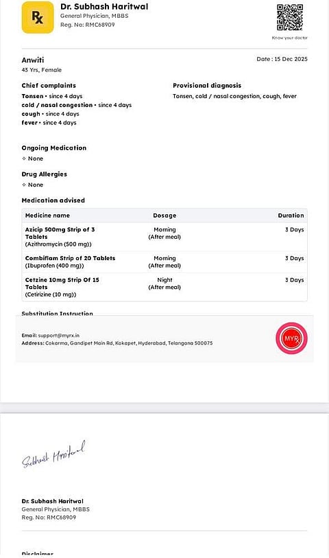 Screenshot of one of the prescriptions by a Blinkit “doctor” with ‘tonsils’ spelt as ‘tonsen’ and inaccurate patient information.