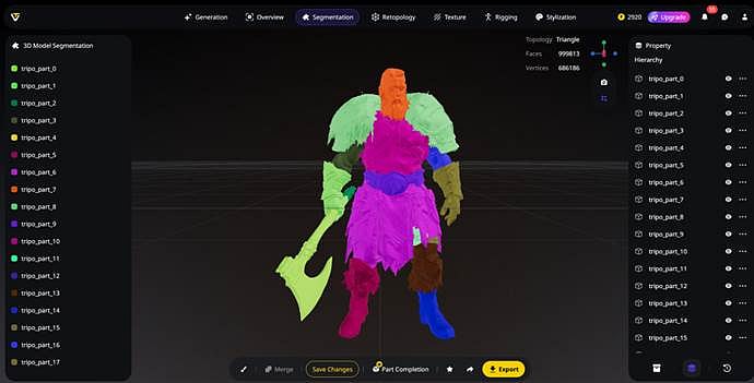 3D character model being segmented in a design software interface