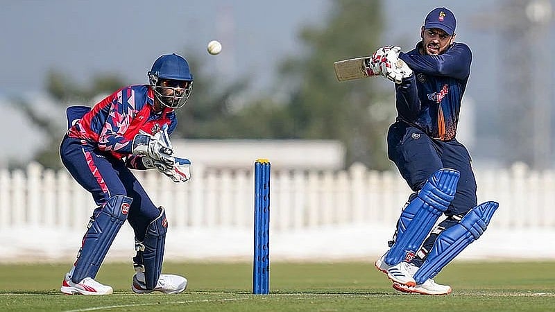 Nitish Rana plays a shot during the Vijay Hazare Trophy 2025-26 cricket match between Andhra and Delhi, at BCCI Centre of Excellence Ground, in Bengaluru. - PTI