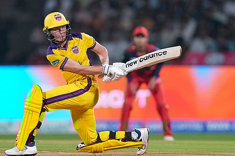 UP Warriorz's captain Meg Lanning plays a shot during a Women's Premier League (WPL) T20 cricket match between Royal Challengers Bengaluru and UP Warriorz, at the DY Patil Stadium in Navi Mumbai.
