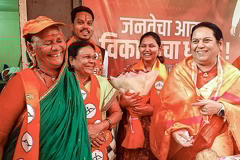 Shiv Sena leader Neelam Gorhe, extreme right, during a public rally ahead of the Pune Municipal Corporation election, in Pune, Maharashtra. 