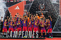 | Photo: AP/Altaf Qadri : Barcelona players celebrate after winning the Spanish Super Cup final soccer match against Real Madrid at King Abdullah Sports City Stadium in Jeddah, Saudi Arabia.