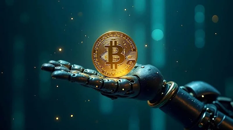 Robots hand holding a Bitcoin coin