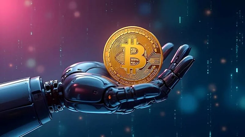 Robotic hand holding bitcoin coin