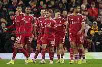 Liverpool 4-1 Barnsley, FA Cup 2025-26: Szoboszlai Sparks Reds Past League One Opponents | Photo: AP/Jon Super : Liverpool players walk to the ceneter after scoring during the FA Cup third round soccer match between Liverpool and Barnsley in Liverpool, England.