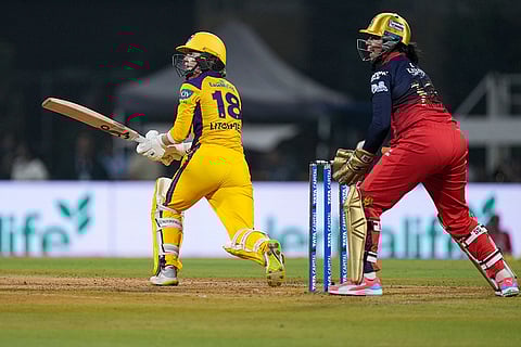 UP Warriorz's Phoebe Litchfield during a Women's Premier League (WPL) T20 cricket match between Royal Challengers Bengaluru and UP Warriorz, at the DY Patil Stadium in Navi Mumbai.