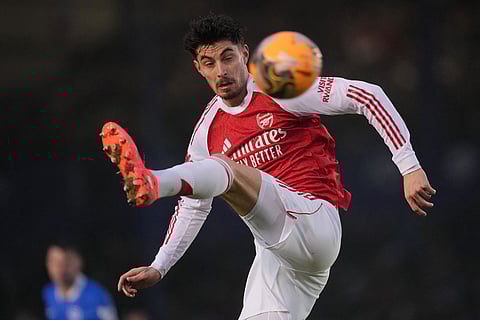 Arsenal's Kai Havertz receives the ball during the FA Cup third round soccer match between Portsmouth and Arsenal in Portsmouth, England.