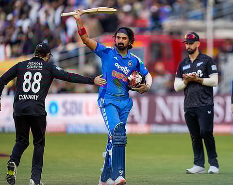 India's KL Rahul acknowledges fans as he walks off the field after the first innings during the second ODI cricket match of a series between India and New Zealand, at Niranjan Shah Stadium, in Rajkot, Gujarat.