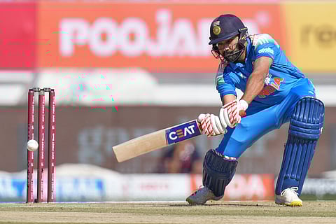 India's Rohit Sharma plays a shot during the second One Day International cricket match between India and New Zealand in Rajkot, India.