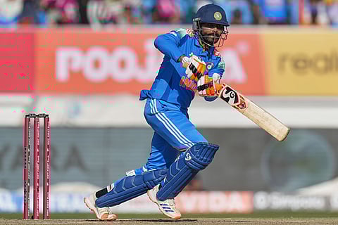 India's Ravindra Jadeja plays a shot during the second One Day International cricket match between India and New Zealand in Rajkot, India.
