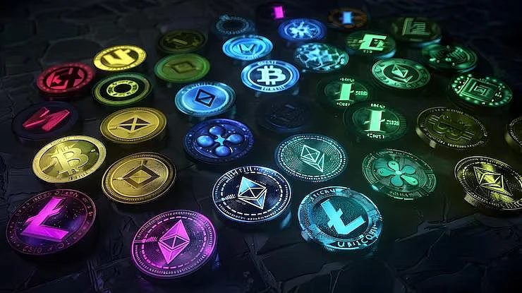 Glowing cryptocurrency coins in a dark setting