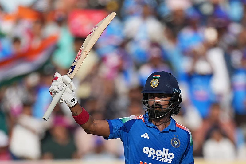 Indias KL Rahul celebrates after scoring fifty runs