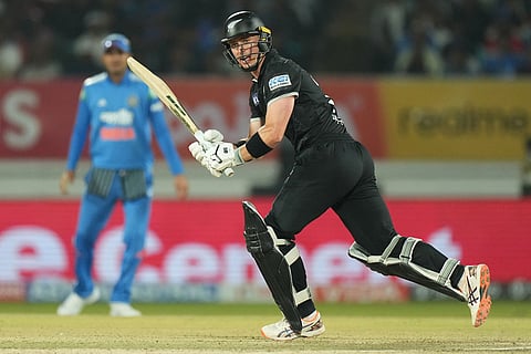 New Zealand's Will Young plays a shot during the second One Day International cricket match between India and New Zealand in Rajkot, India.
