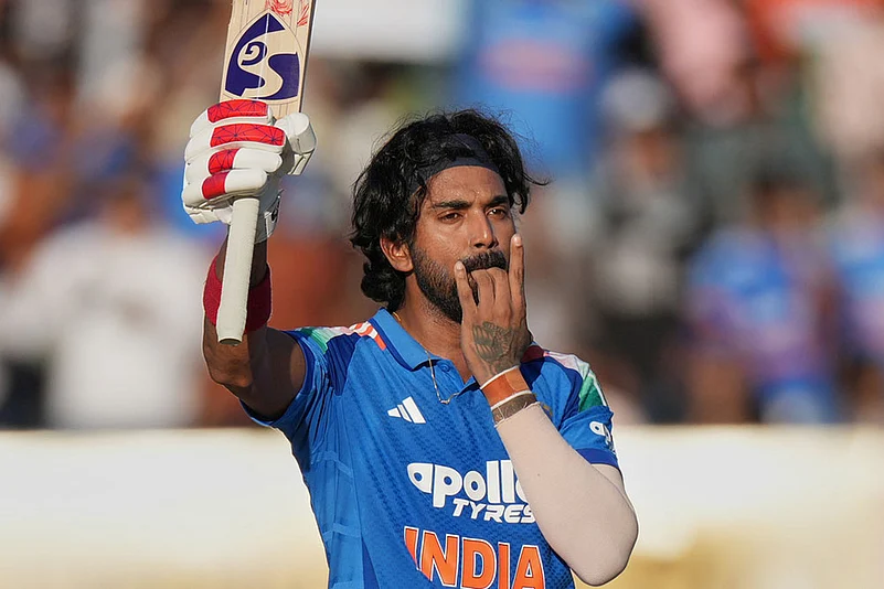 Indias KL Rahul celebrates after scoring a century