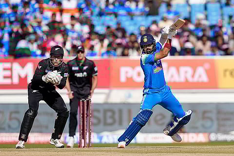 India's KL Rahul plays a shot during the second ODI cricket match of a series between India and New Zealand, at Niranjan Shah Stadium, in Rajkot, Gujarat.